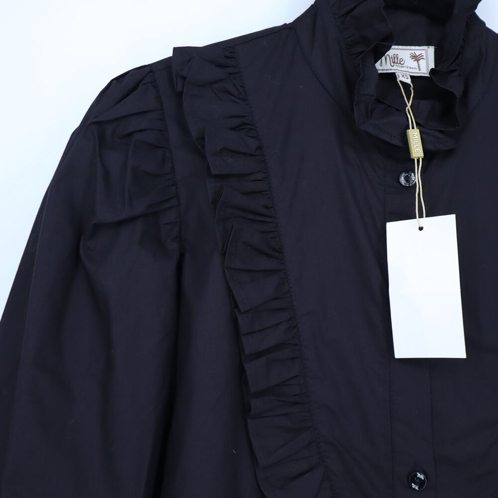Mille Jolie Top Black Cotton Poplin Blouse Ruffled Bib Button Front Women's XS - Picture 5 of 10